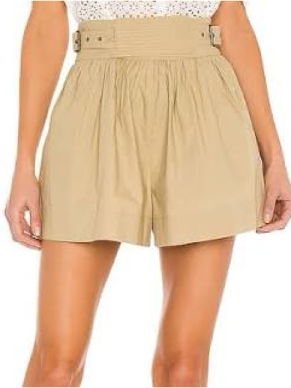 ULLA JOHNSON Adeline Cotton Poplin Shorts Belted Pocket Khaki Beige Size 6 - Picture 2 of 5